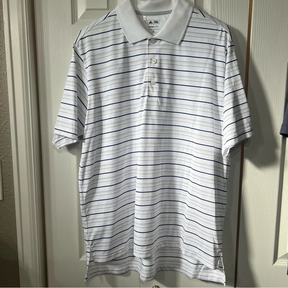 Adidas Golf Climacool Men M white & Navy Striped Polo Shirt with logo Activewear